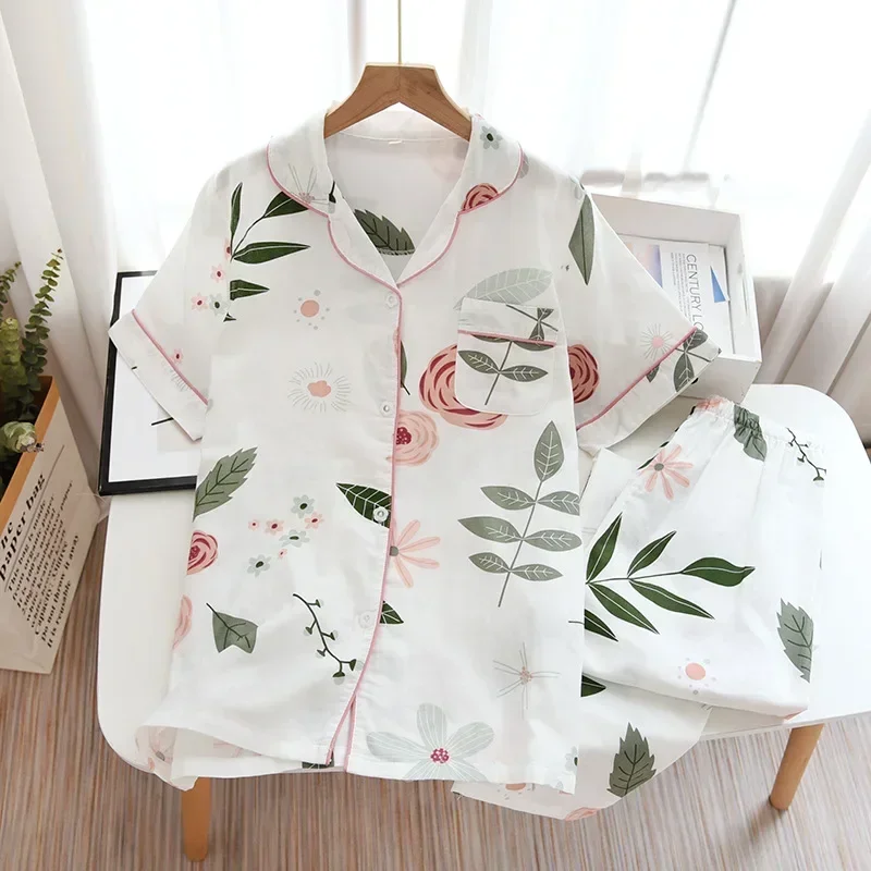 2026 Japanese style simple short women female 100% cotton gauze short sleeve trousers ladies pajamas suit cute pajamas sets home