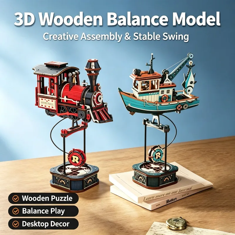 Wooden Balance Puzzle Model Kit 3D DIY Steamship Building Toy Assembly Swing Desk Decor Creative Educational Adults Kid Toy Gift