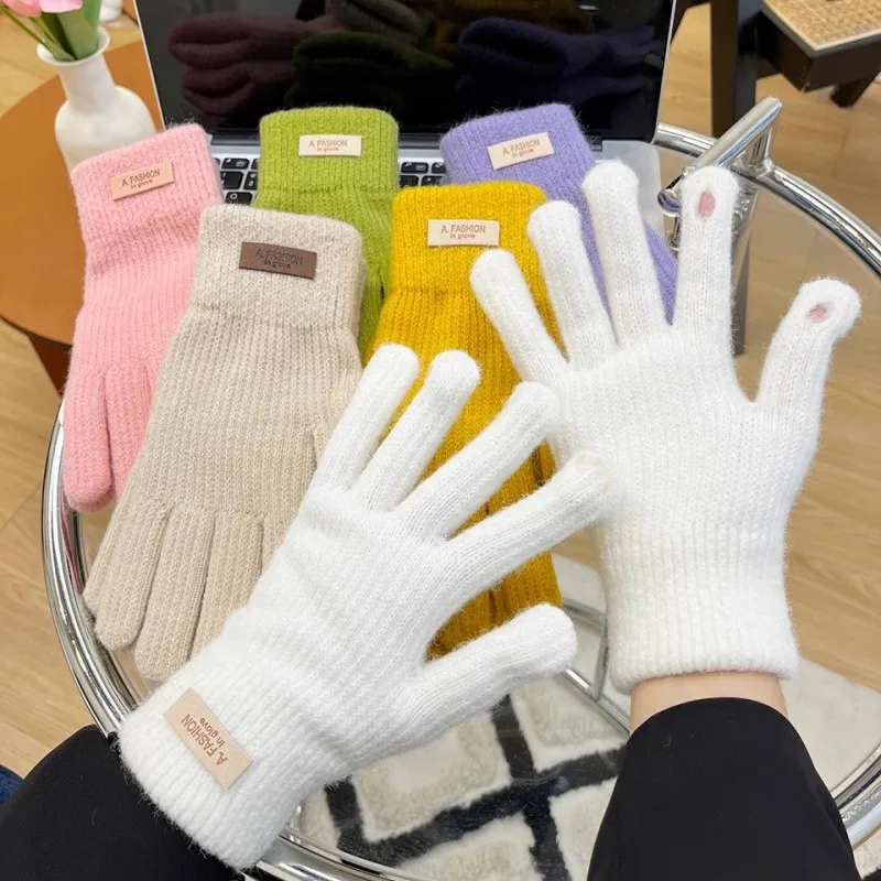 Winter Warm Knitted Woolen Gloves for Women, Winter Anti Cold Thickened Velvet Candy Color Cycling Touch Screen