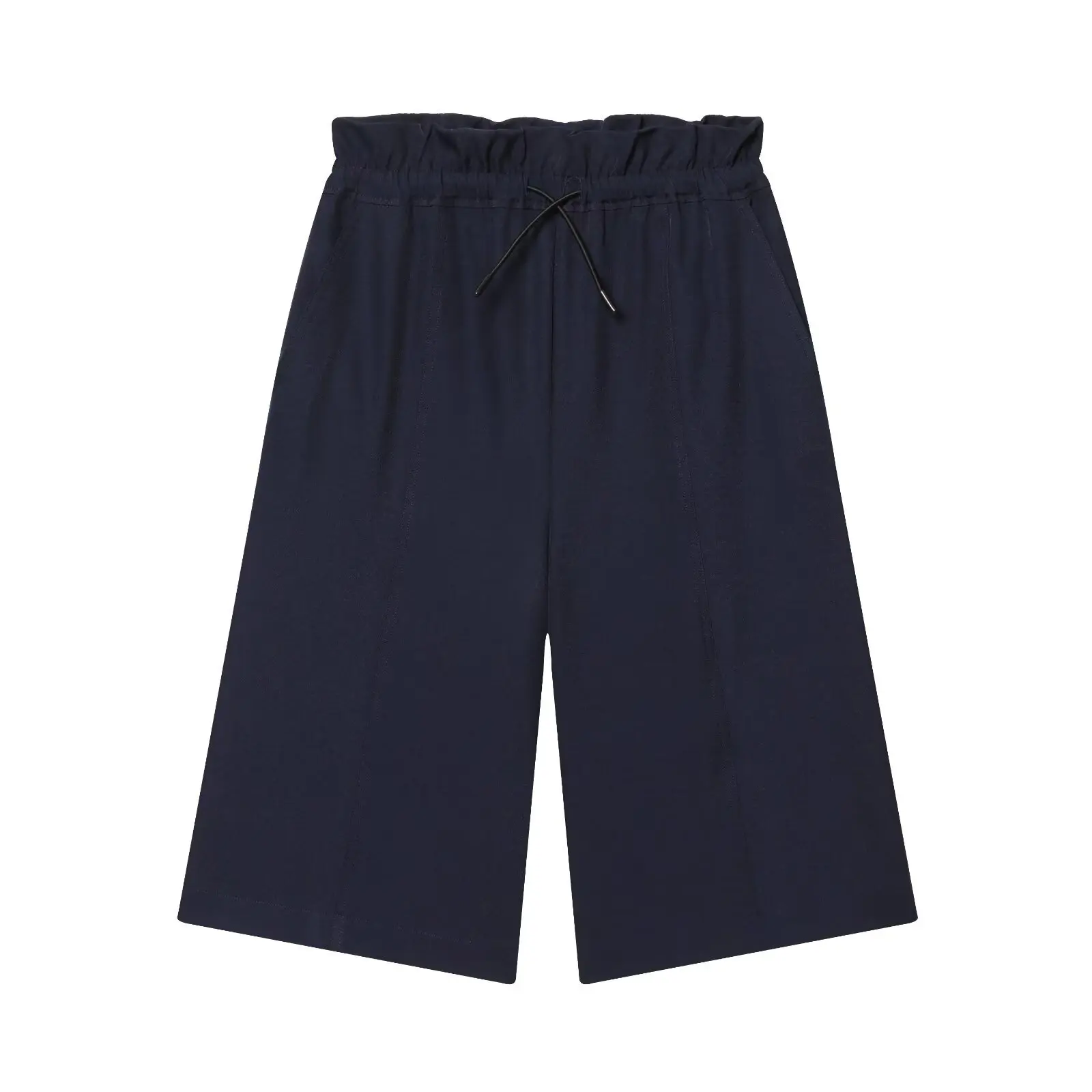 Women's Layered Decorative Waist Casual Shorts Navy Blue Drawstring Waist Wide Leg Culottes Shorts For Women Pure Desire 91LS