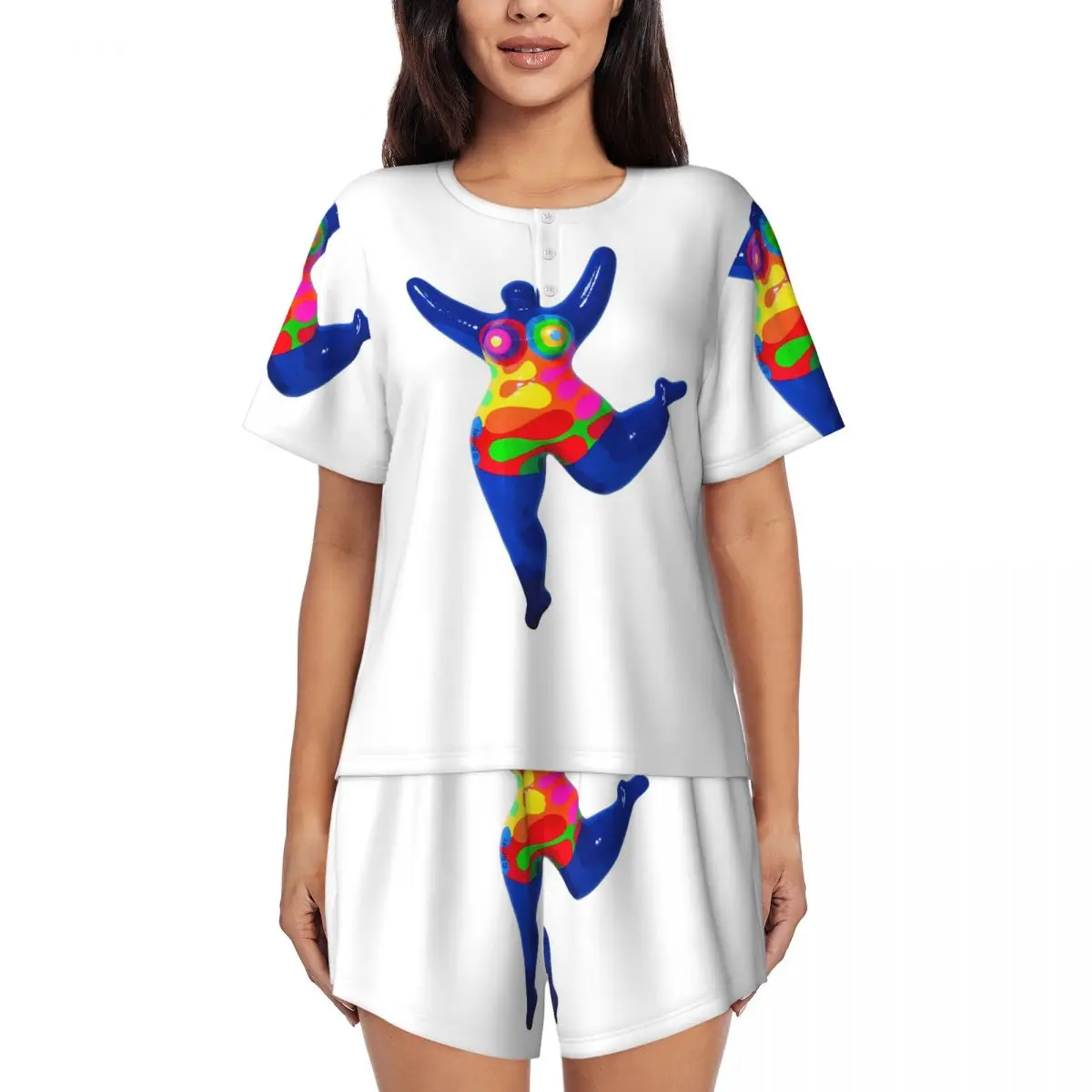 

Синяя ночная рубашка Blue Nana Biriney Tribute To Niki De Saint Phalle с круглым вырезом и короткими рукавами для сна, женский пижамный комплект с короткими штанами