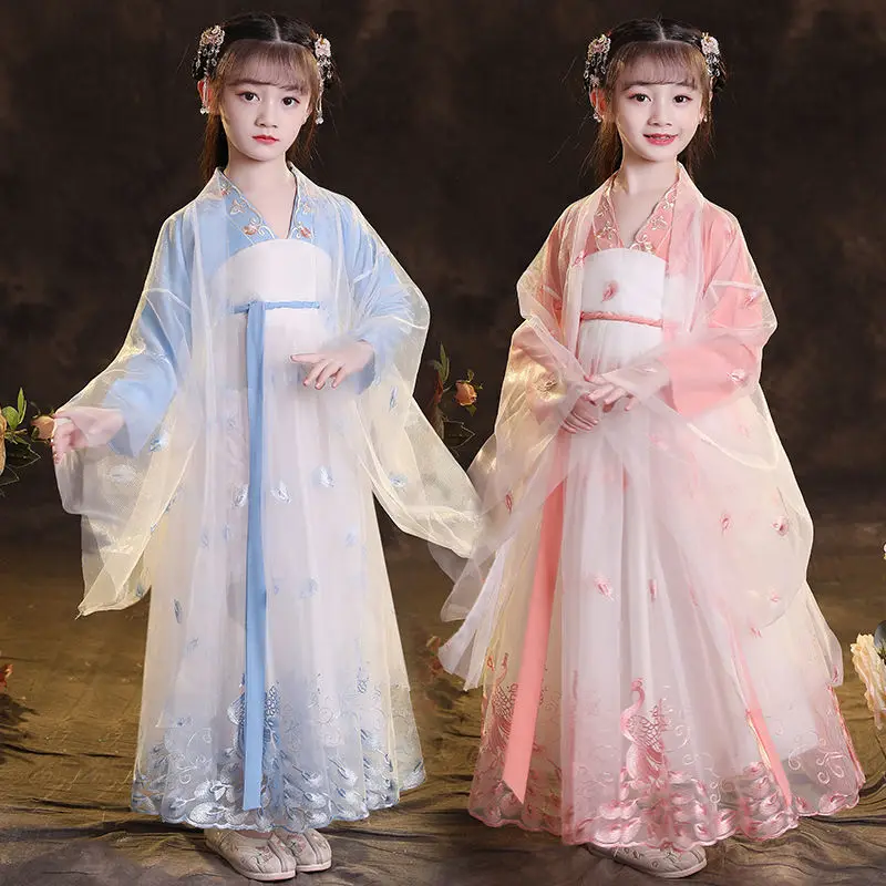 Girl Hanfu Autumn Costume Ancient Dress Skirt Fairy Pink Autumn Flowing Children's Skirt Long-sleeved Dress