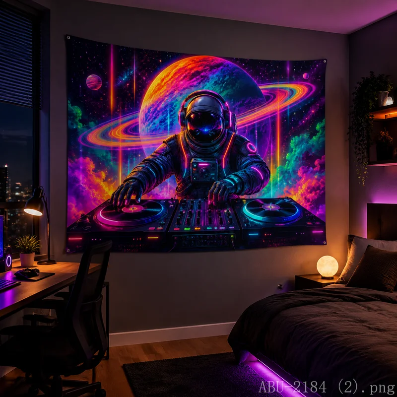 VIKAMA Rainbow Ring Planet Astronaut DJ Fluid Nebula Tapestry Background Hanging Cloth Party Trendy Room Decoration