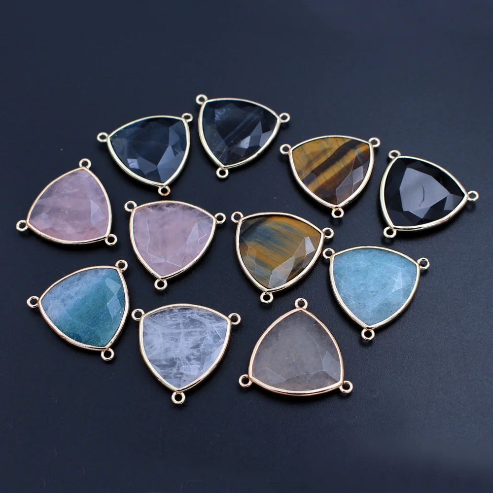 10pcs Faceted Triangle Natural Stone Pendant 3 Loops Connectors Charms For DIY Fashion Beaded Gem Stone Necklace Jewelry Making