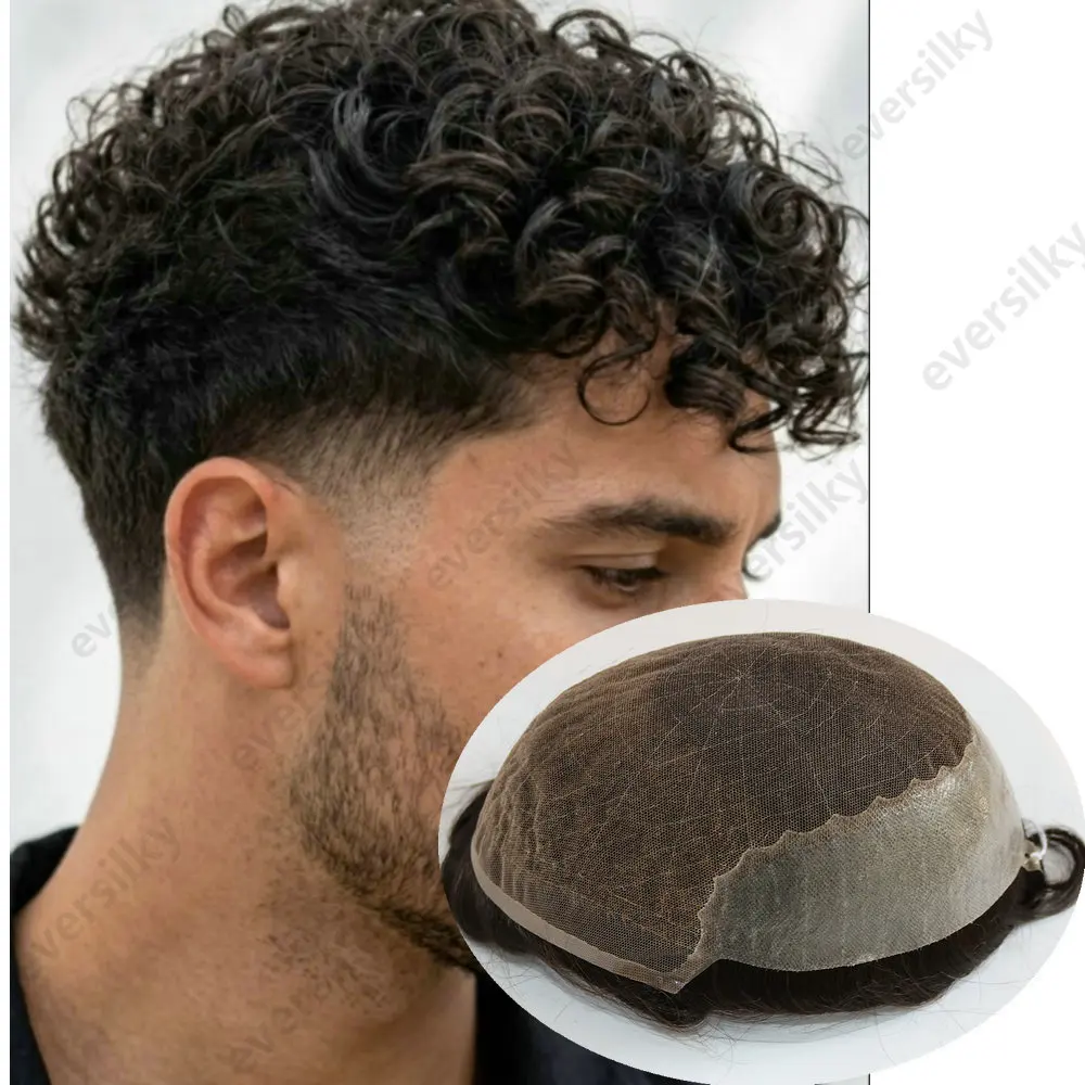20mm Lockiges, super langlebiges Q6Men Toupet, grau, schwarz, blond, Echthaar, französische Spitze & dünne PU-Basis, unsichtbare, gebleichte Knoten, Herrenperücke – Detail 1