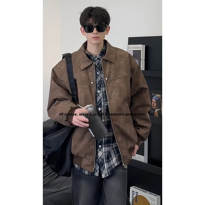 

Мужская байкерская куртка из искусственной кожи, весенне-осенняя, с отложным воротником, в американском ретро-стиле, с накладками на плечах, для бейсбольных игр, верхняя одежда