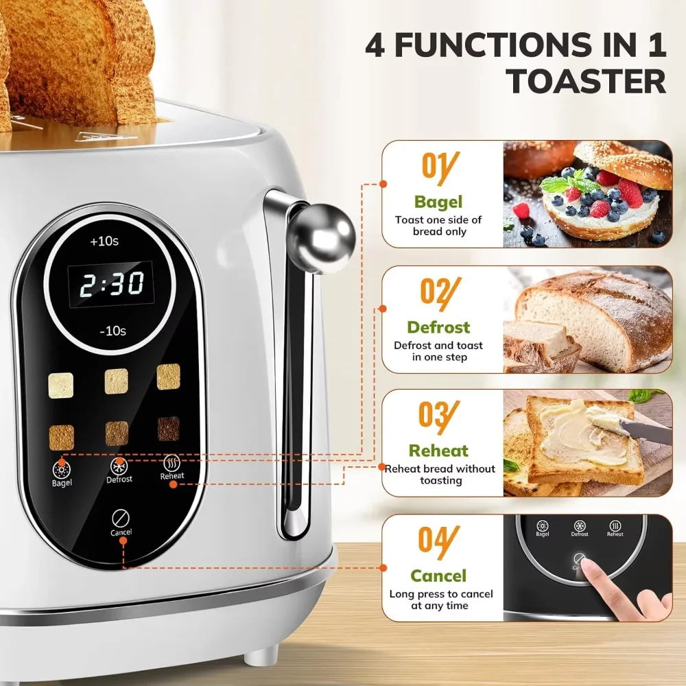 Smart Touch Screen Toaster 2 Slice,with 6 Browning Levels, Reheat & Defrost,for Bagel, Toast, Bread, Removable Crumb Tray, White