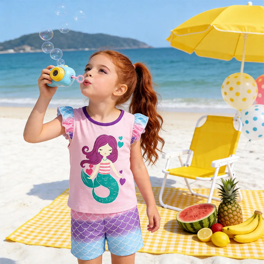 VIKITA Girls Mermaid Print 2 Pcs Outfit Kids Ruffle Sleeve Cotton Casual Tops Tees and Polyester Shorts Bottoms Clothes Sets