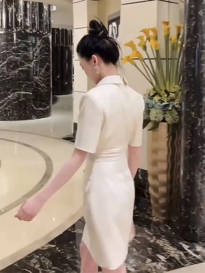 Ele Commuter Sle ort Sve 슈트 칼라 더블 버튼 허리 조임 여름 신상 여성 Dr Faionable Chic