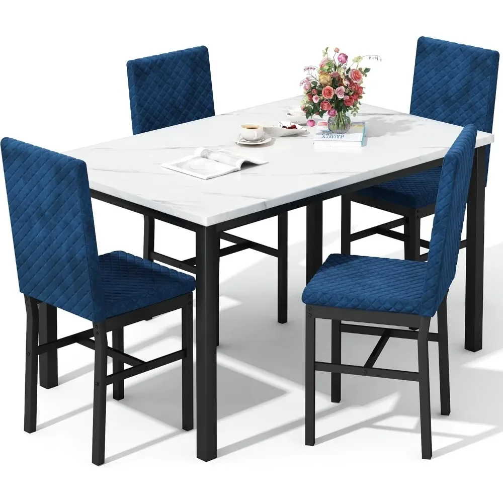 Dining Table Set for 4, Faux Marble Dinings Room Tables with 4 Velvet Upholstered Dining Chairs, Kitchen Table and Chairs Set