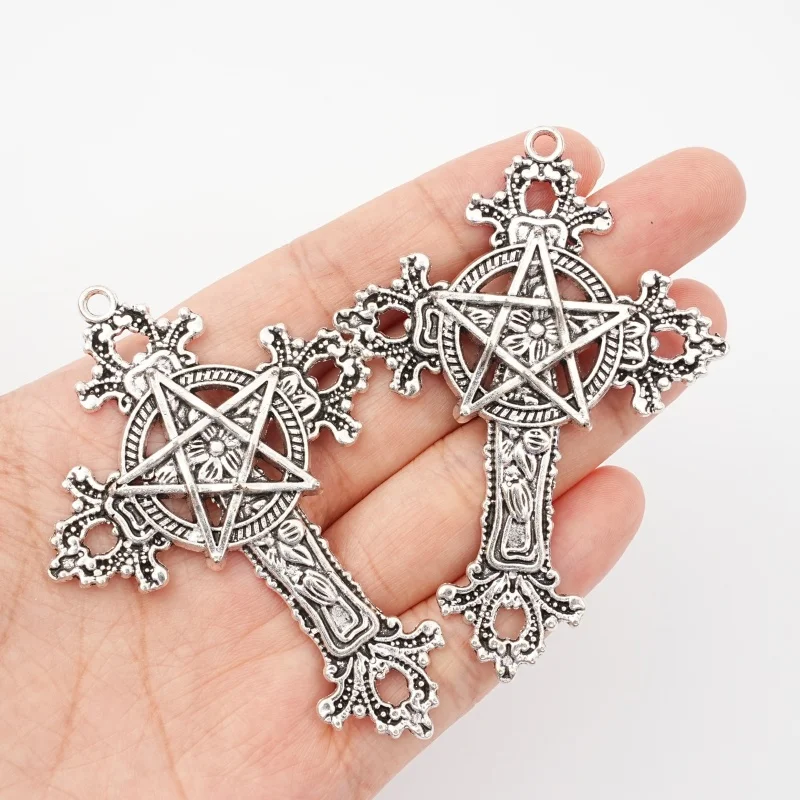 2Pcs Gothic Silver Wire Pentagram Cross Pendant Necklace Earrings Bracelet Jewelry Making Accessories