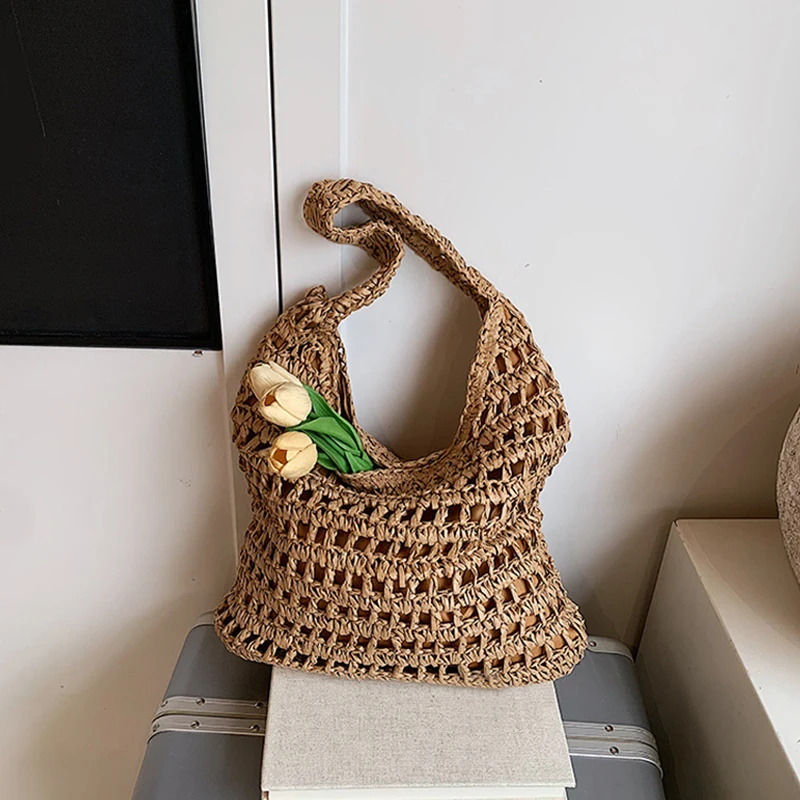 

Fashion Crochet Straw Bag for Women Raffia Woven Tote Handbag New Hollow Clutch Beach Bag for Vacation Casual Totes