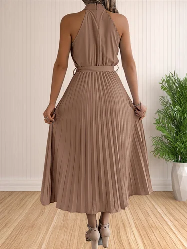 Imagen 2 del producto Vestidos de cóctel por debajo de la rodilla plisados con cuello halter sin mangas de verano 2024 para mujer Vestido de sol de playa fluido con cinturón