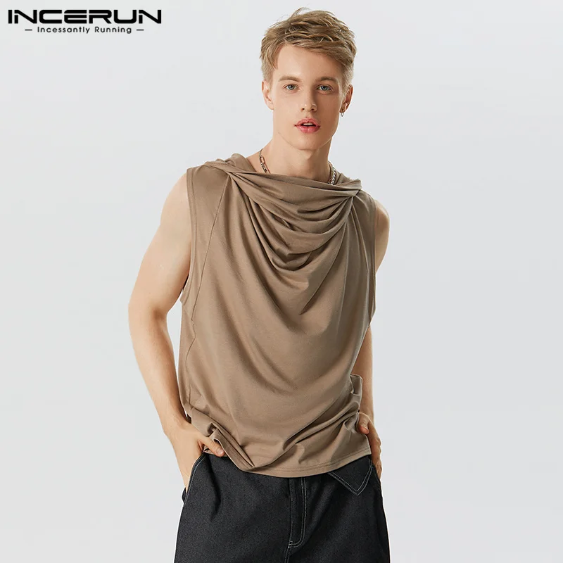 INCERUN Tops 2023 Handsome Men's Stylish Solid Hooded Waistcoat Casual Streetwear Loose Sleeveless Pile Collar Tank Tops S-5XL