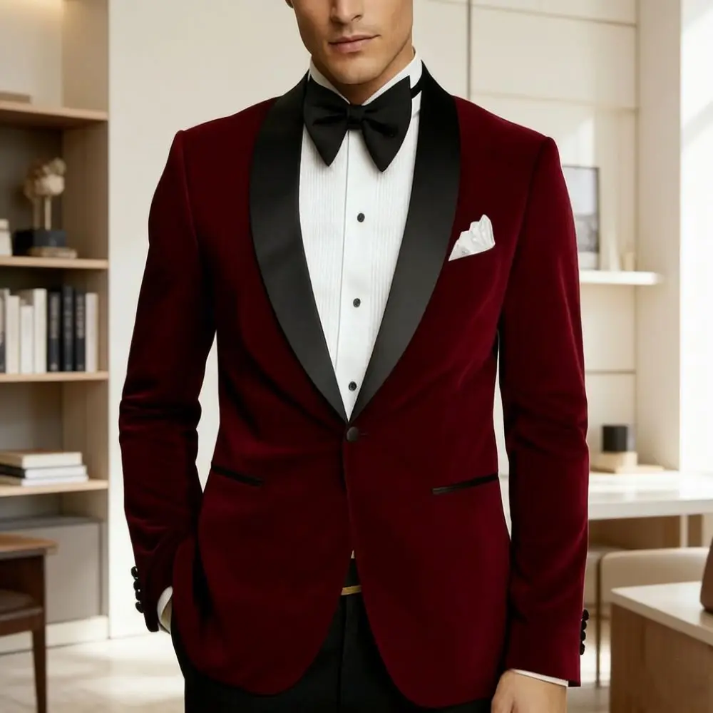 Men Velvet Slim Fit Suits 2 Pieces Wedding Tuxedo Mix Match Glossy Black Satin Shawl Lapel Single Button Party Formal Wear
