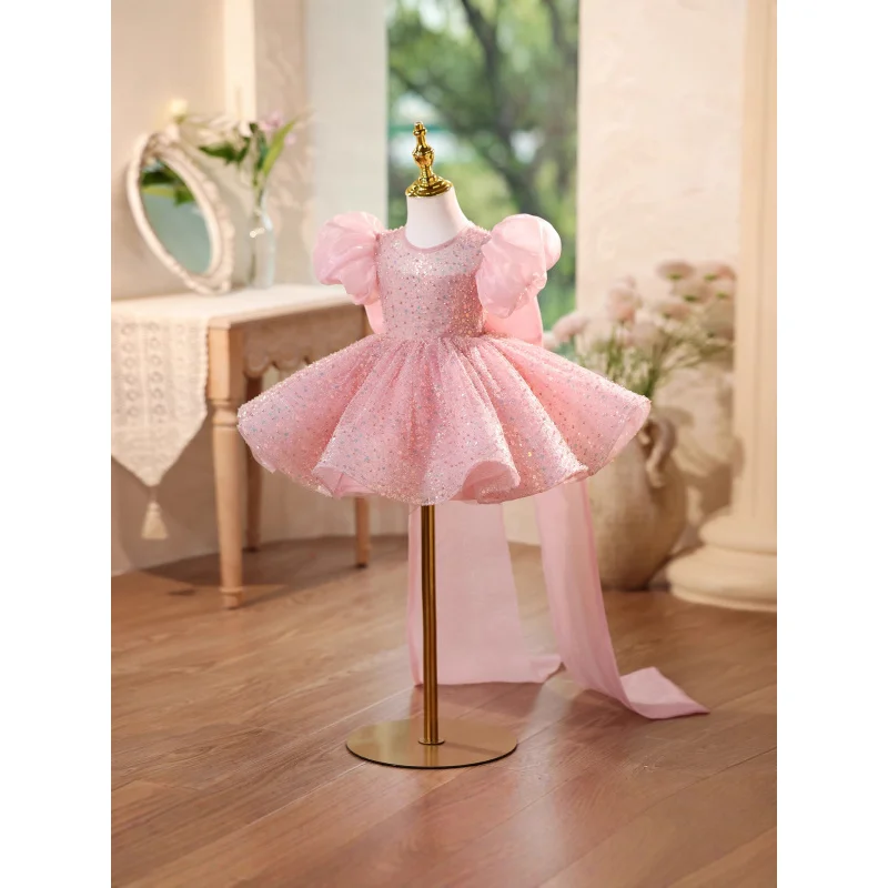 

Детское платье с пайетками и пышными рукавами для девочек, свадебное платье принцессы для маленьких девочек на первый день рождения, костюм для выступлений на фортепиано для девочек