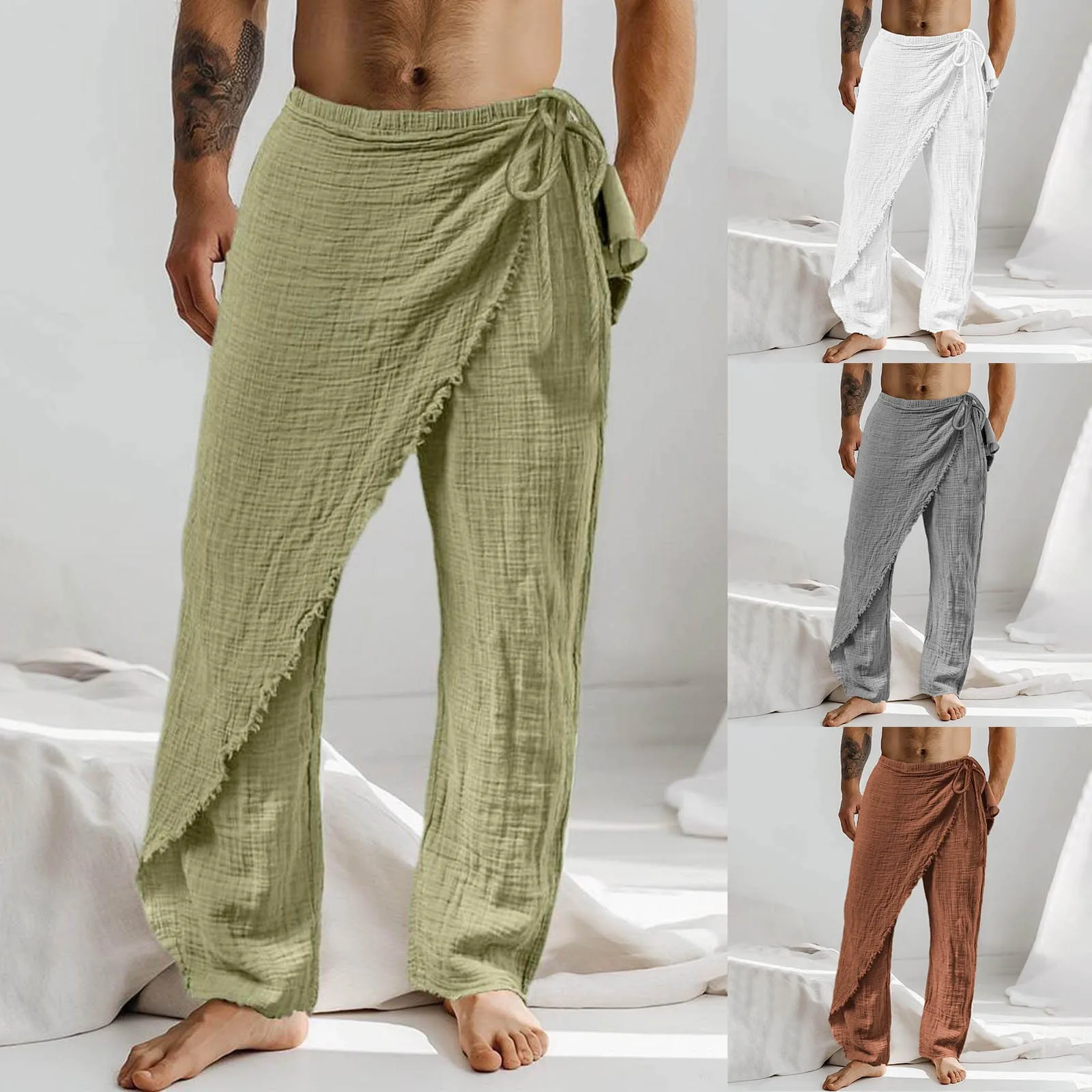 Pantalones de lino con cordón personalizados para hombre, pantalón informal, suelto, Irregular, con volantes, abertura alta, pierna ancha, cómodo, transpirable