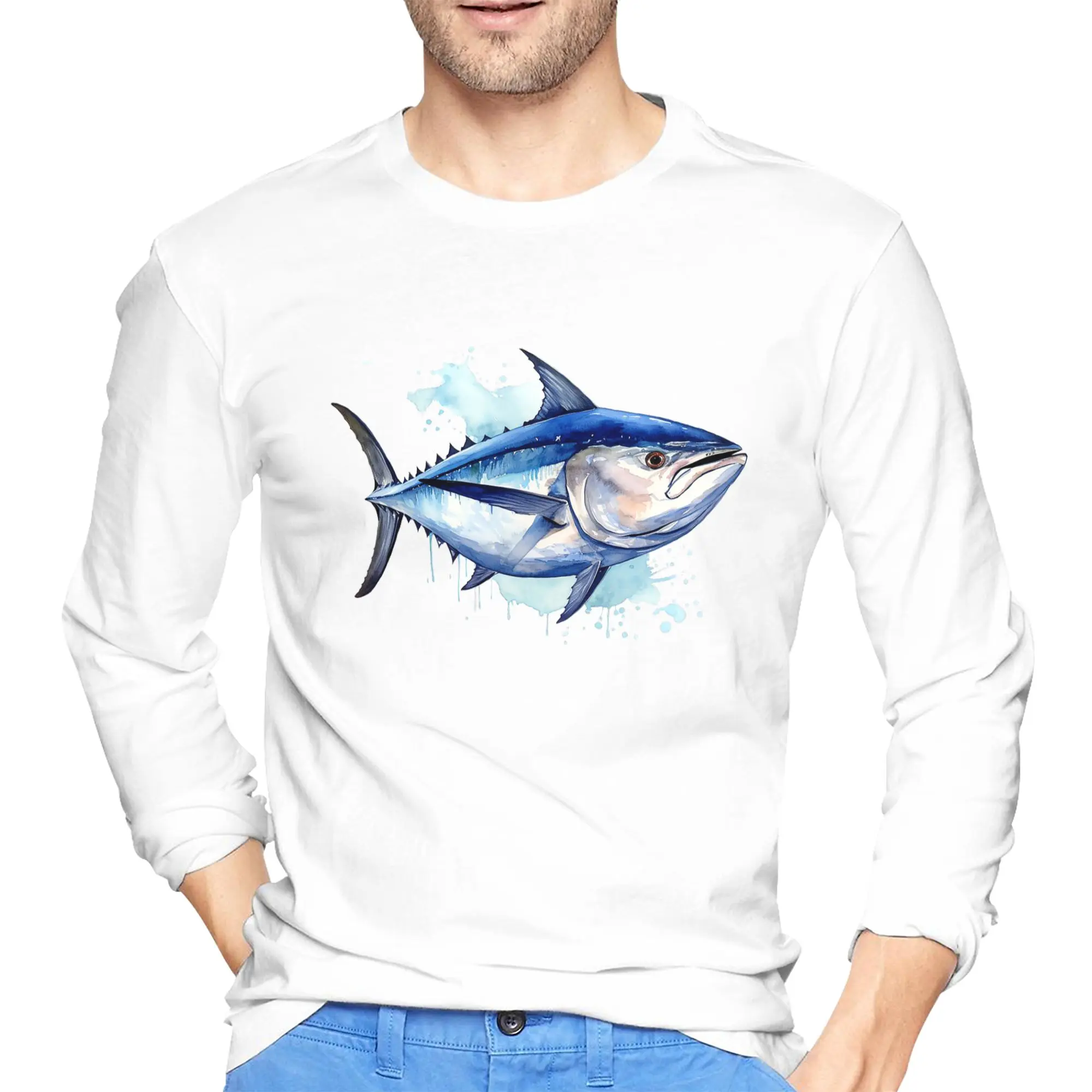 

Мужская футболка с длинными рукавами и рисунком блакитного тунца, модные футболки с круглым вырезом, весенние и осенние мужские топы