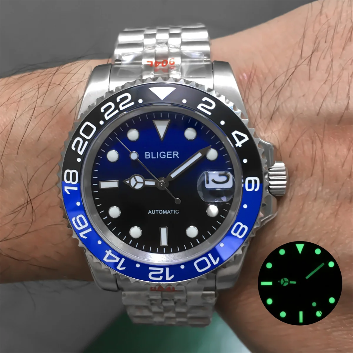 

BLIGER 40mm Men's watch NH35 PT5000 120 Click case Ceramic bezel Blue Black gloss dial sapphire glass stainless steel bracelet