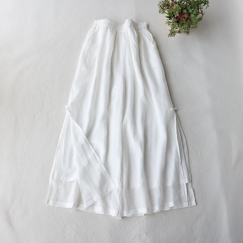 

Summer Women's Wide Leg Pants Thin Linen Loose Casual Trousers Open Slit Button Ele Skirt Pants mid Waist A-Line Skirt