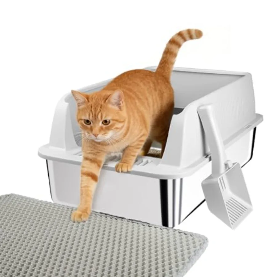 

TENTIZON Large Stainless Steel Cat Litter Box Open Top Metal Kitty Litter Tray with High Sides Litter Mat Scoop for Indoor Cats