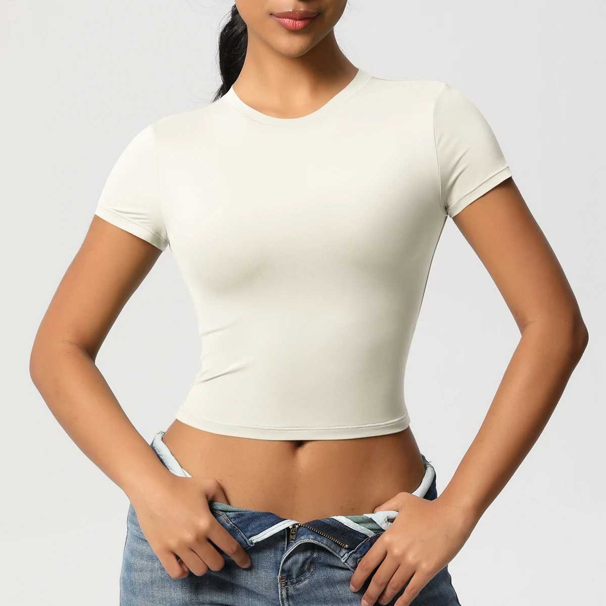 Frauen Sport Shirt Kurzarm Gym Top Workout Kleidung Hohe Elastische Active Wear Femme Lauf Zubehör Fitness T-shirt – Detail 38
