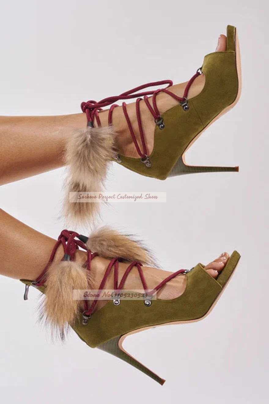 Olive Suede Fur Embellished Stiletto Sandals Cut Plush Accessory Rope Lace-Up Dress Shoes Gladiator Banquet Shoes
