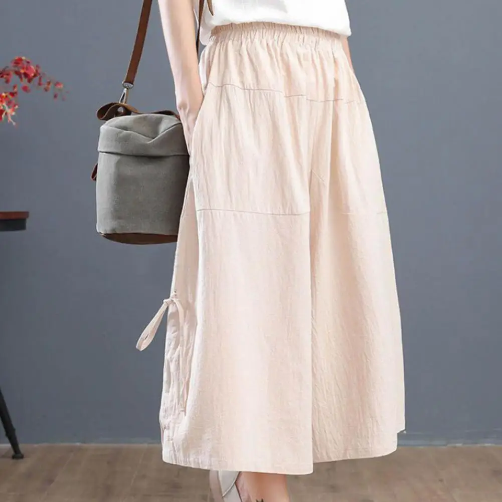 Women Cropped Pants Summer Cotton Linen Elastic Waist Pocket Womenswear Ruffle Ladies Wide Legs Loose Trousers Pantskirt