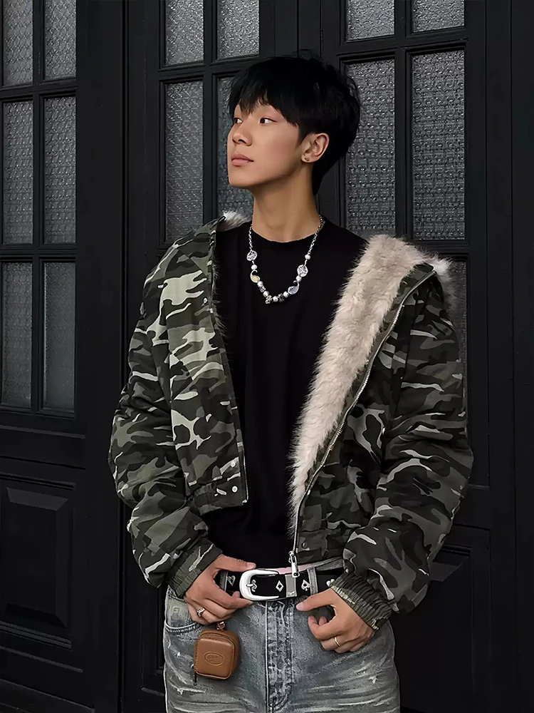 

American Camouflage Hooded Cotton Jaet Men's Thiened Fur Collar Winter Warmth Insulation High-End Feeling Outerwear