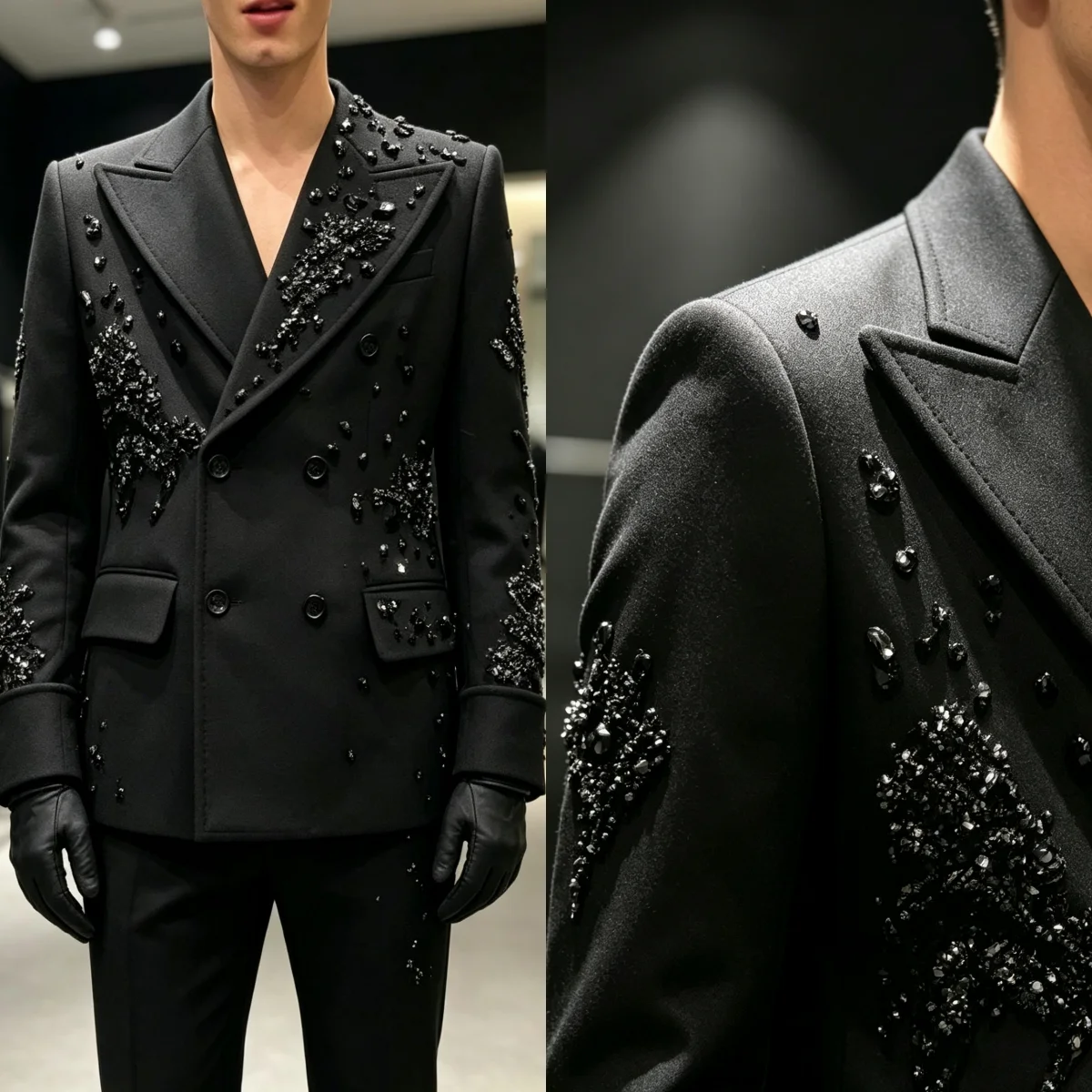 Luxurious Men Formal Suit Beaded Crystal Peaked Lapel Double Breasted Celebrity Prom Set Customized Evening Party Wear 2 Piece