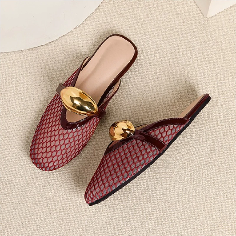 여름 메쉬 플랫 슬리퍼 여성용 금속 장식 디테일 라운드 - Mesh Strap Metal 리뷰 및 가격