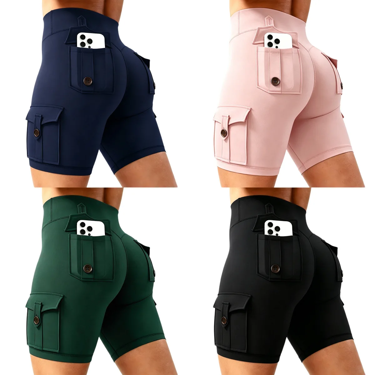 Women High Waist Cargo Pocket Biker Shorts Multi Phone Pockets Butt Lifting Pilates Fitness Pants Clothing Fitness Yoga Workout