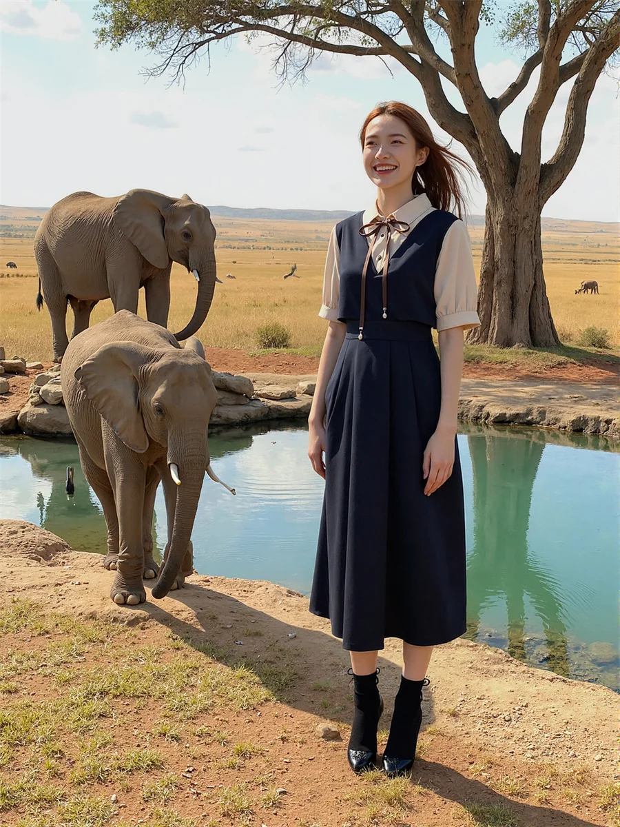 Vestidos femininos casuais e de dia estilo preppy cáqui meia panturrilha plissado à mão babados franzido smocking em camadas empilhados