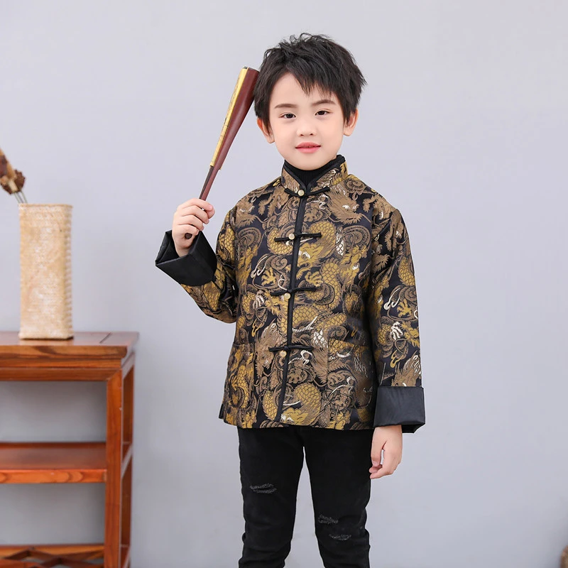 Kids Tang Suit Clothes Hanfu Coat Long Sleeve Tradition Dragon Print Button Down Kungfu Jacket Boys Chinese New Year Costume