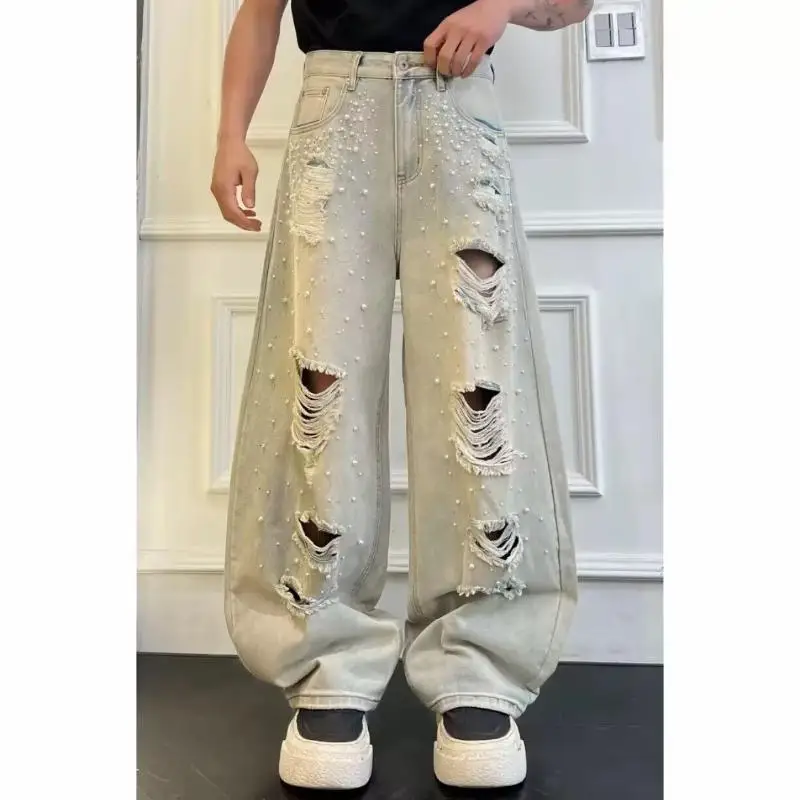 Men's Multiple Holes Distressed Jeans Summer Cool Boy Sweatpants Street Wide Legs Pants Male Vintage High Waist Trousers