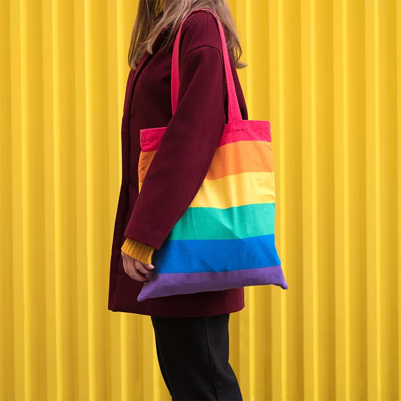Bolsa feminina arco-íris bolsa de lona criativa nova bolsa de armazenamento cor bolsa de lona moda engraçado para bonito kawaii menina simples atacado