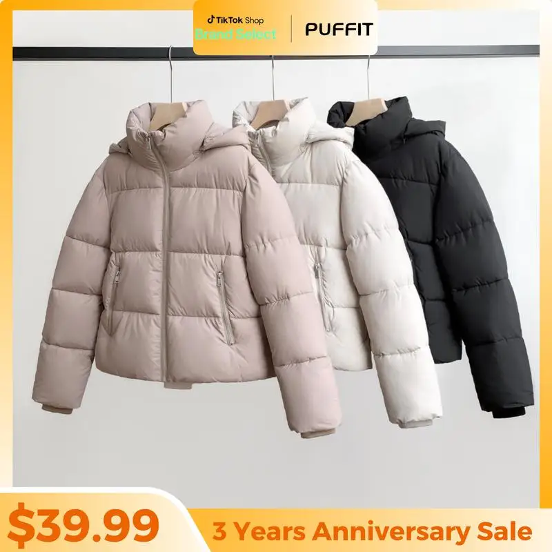 

PUFFIT Women's Fitted Detachable Hooded Puffer Jaet, Unisex Winter Basic Warm Coat with Removable Hood Zip Deep Poets for Women