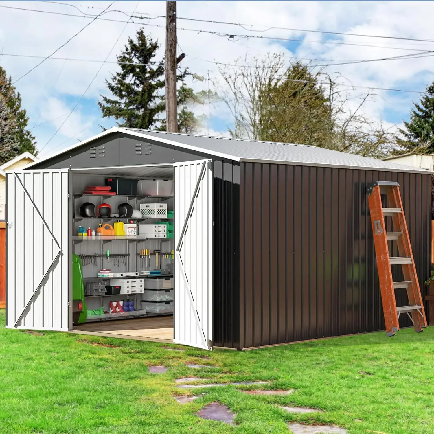 

Polar Aurora 10 x 10 FT Outdoor Storage Shed, Metal Garden Shed with with Updated Frame Structure, Tool Sheds for Backyard Garde