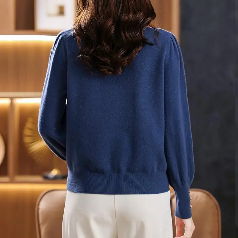 Women Half High Collar Versatile Lantern Sleeve Fold Beading Sweater Four Colors Loose Diamond Inlaid Button Korean Pullovers