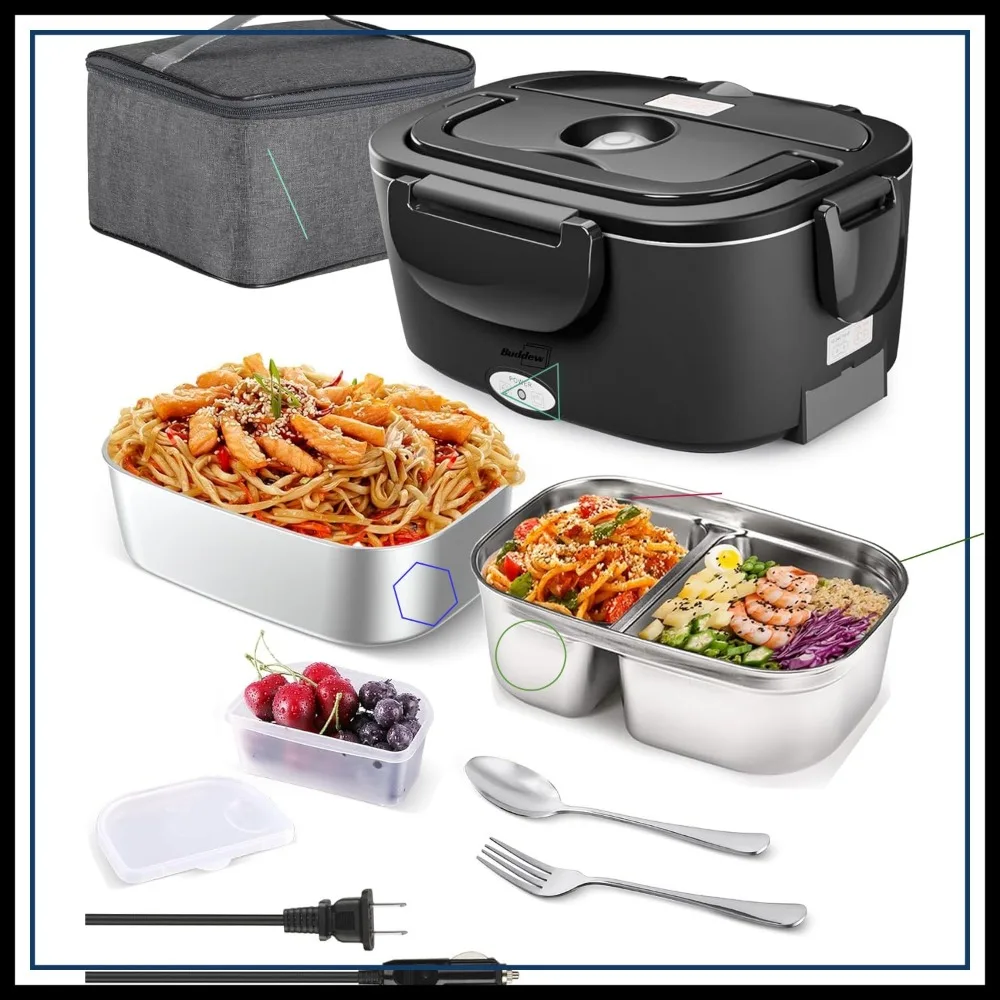 

Электрический ланч-бокс мощностью 80 Вт с двумя контейнерами из нержавеющей стали объемом 1,5 л, портативный подогреватель еды для путешествий и работы