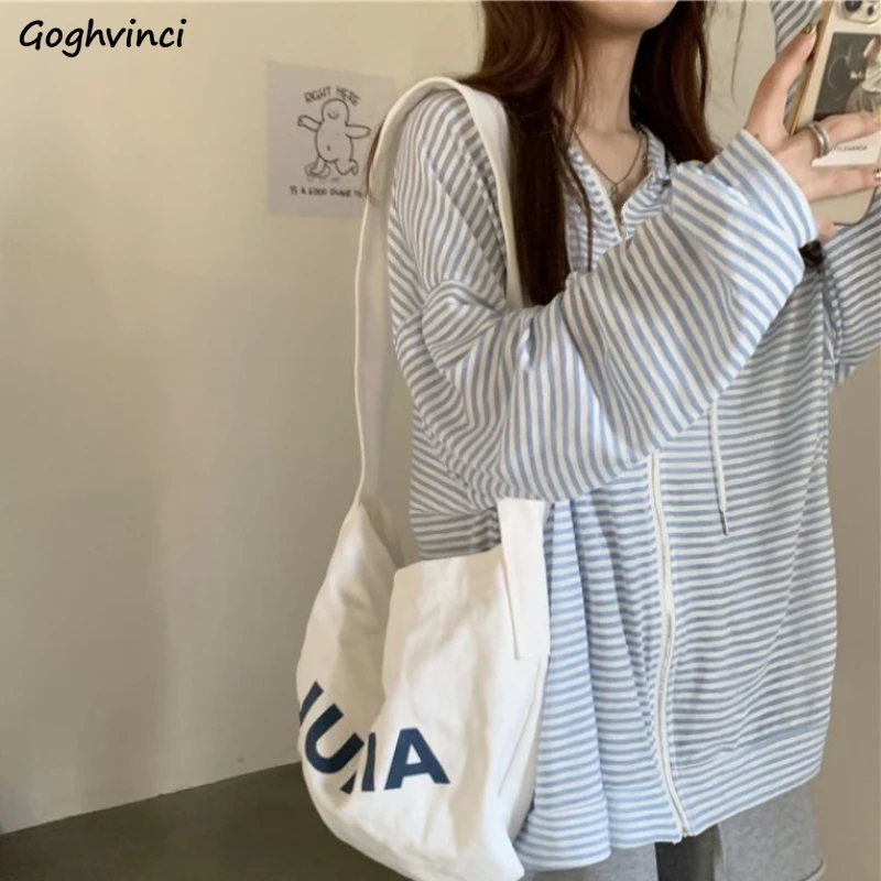 Striped Jackets Women Korean Style Baggy Leisure College Summer Outdoor Fashion Sun-proof Hooded Clothing Lovely Simple Design