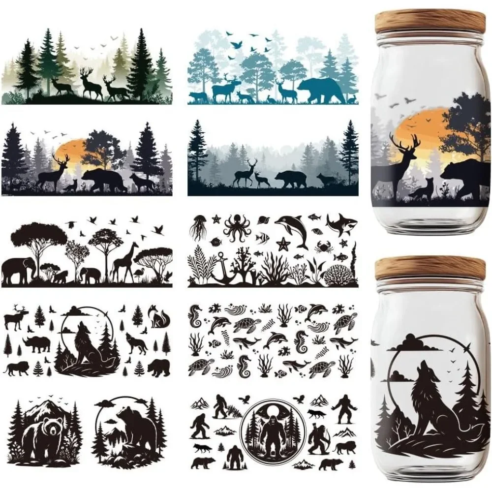 10 Sheets Animal UV DTF Cup Wraps Black Forest Style Rub on Transfer Decals Wolf Deer Bear Transfers Rub on Decals