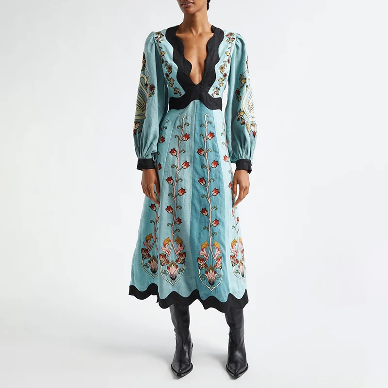 

Womens Dresses V-neck Backless Long Dress Vintage Casual Style Loose Lantern Sleeve Long Dress Clothes For Summer Floral Print
