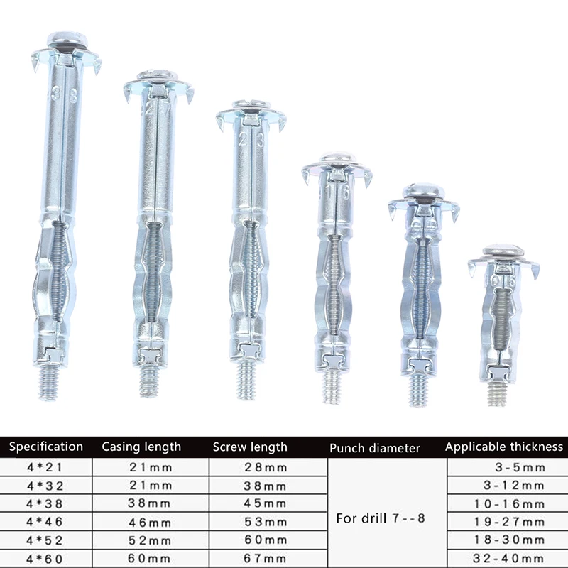 10Pcs M4 Hollow Wall Metal Anchor Kit Plasterboard Drywall Cavity Plug Dowel Hollow expansion bolt