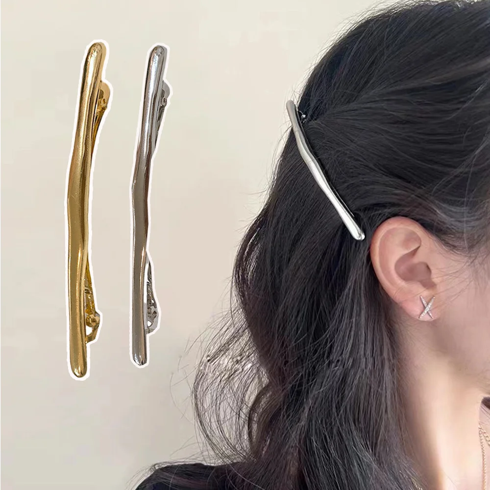 Mollette a striscia lunga dorata semplice vintage da donna 11,6 cm Fermaglio per capelli a forma irregolare in metallo da donna Clip a molla liscia