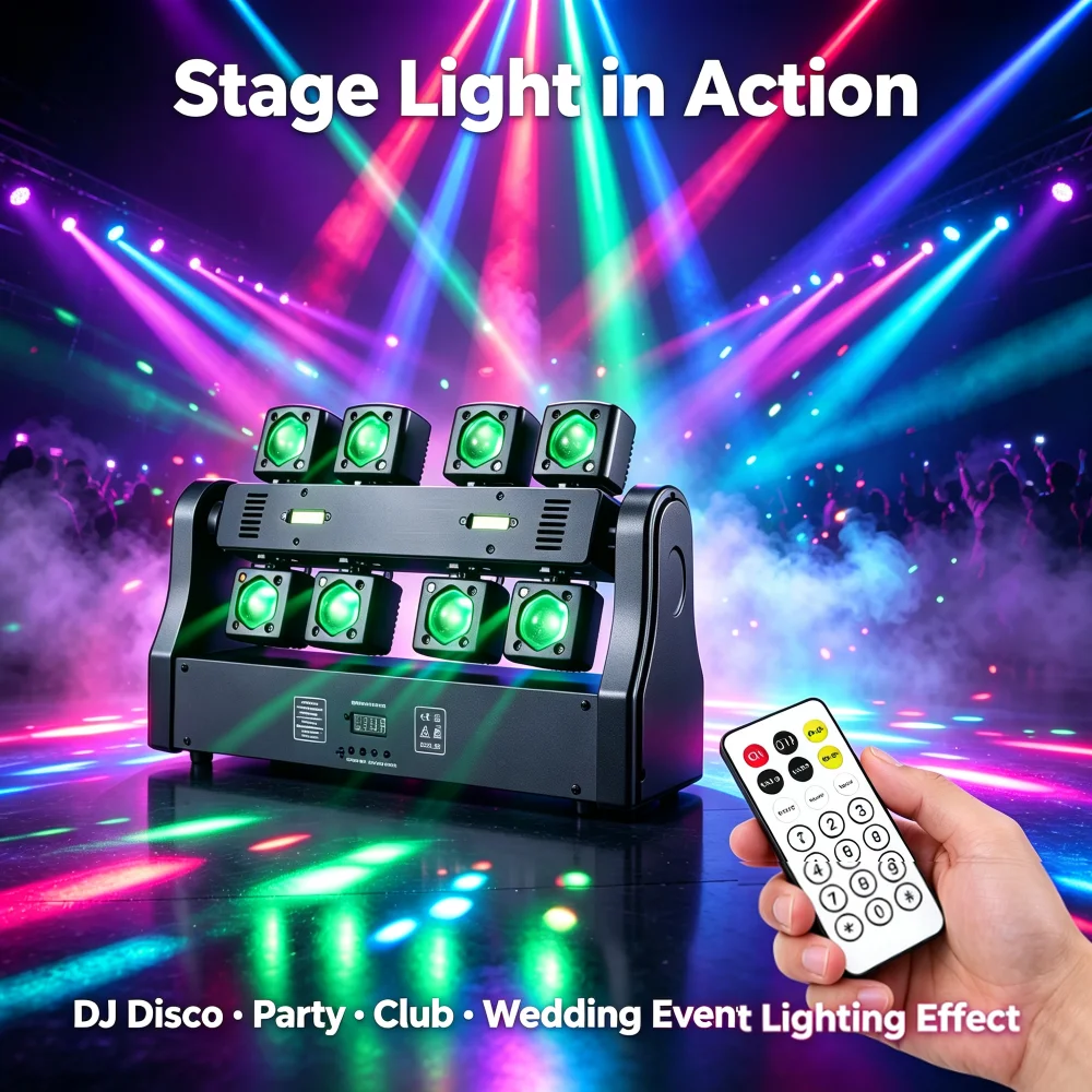 RGBW Dragonfly Stage Lighting 120W 8 Arm Laser Strobe DJ Light DMX512 Sound Active for Disco Bar Concert Event Lighting
