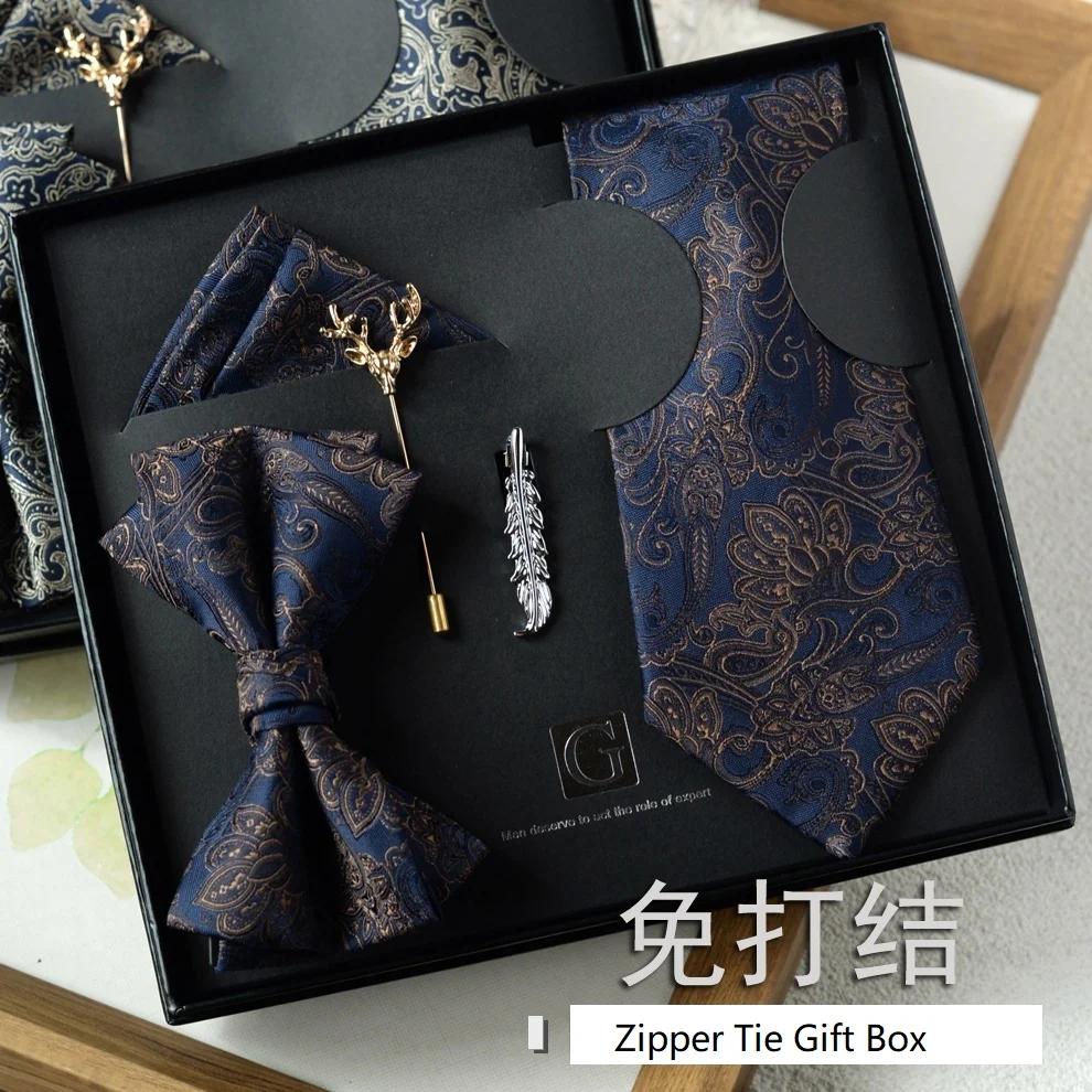 High Quality Deep Blue Paisley Flower Retro Pattern Zipper Tie Men's Business High-end Shirt Suit Bow Tie Pocket Towel Gift Box