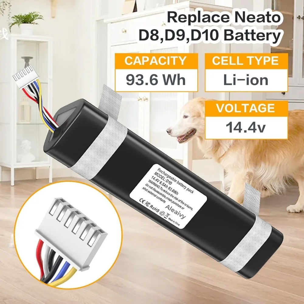 Neato 배터리 교체품, Neato D8 D9 D10 945-0356,945-0373,905-0596 로봇 진공 청소기용 리튬 이온 14.4V 배터리, 6500mAh