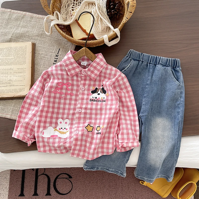 Baby Girl 2Pcs Outfit Set Cartoon Print Pink Plaid Long Sleeve Shirt Denim Jeans Pants Spring Autumn Kids Casual Clothing