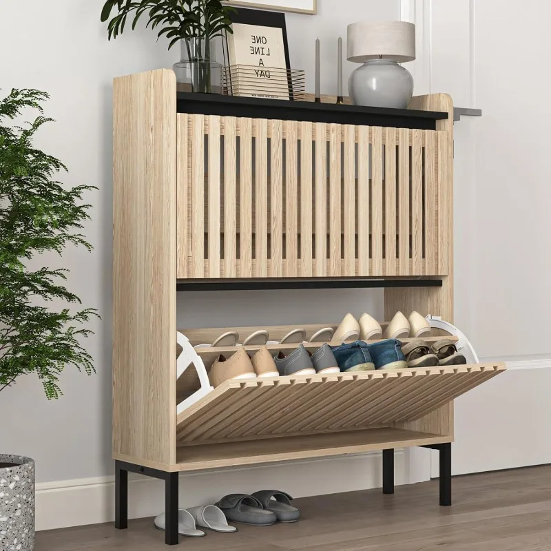 

2 Flip Drawer Shoe Cabinet, Narrow Shoe Organizer with Metal Legs, Freestanding Shoe Storage Cabinet for Entryway Sl